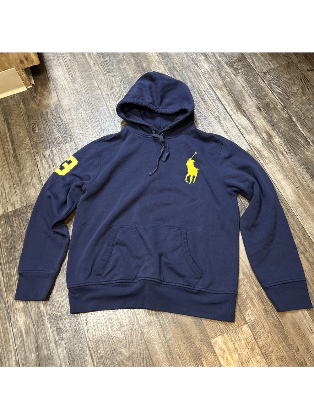 Polo Ralph Lauren Men's Hoodie Sweatshirt Navy Blue Sz L #3 Patch Big Pony VTG